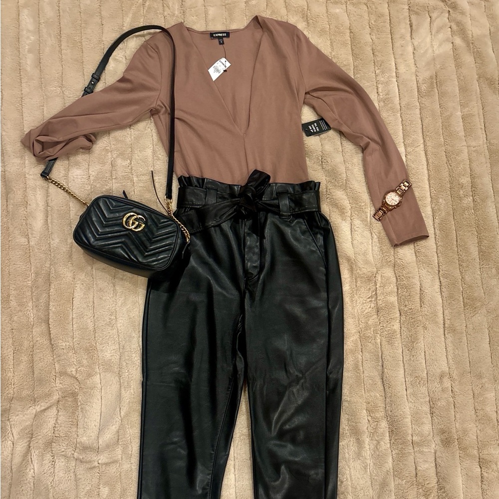 Express Super High Rise Faux Leather Paperbag Pants | Black | 6R